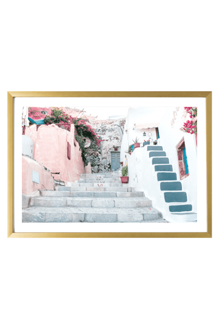 Greece Print - Santorini Art Print - Pink & Blue Stairs