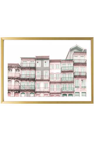 Portugal Print - Porto Art Print - Pink & Green Buildings #3