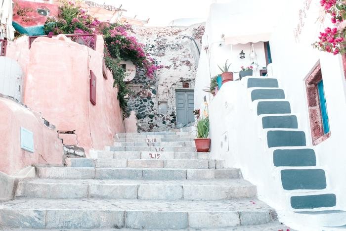 Greece Print - Santorini Art Print - Pink & Blue Stairs