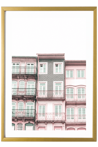 Portugal Print - Porto Art Print - Pink & Green Buildings #1