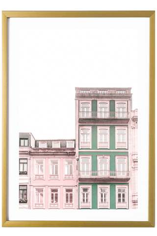 Portugal Print - Porto Art Print - Pink & Green Buildings #2